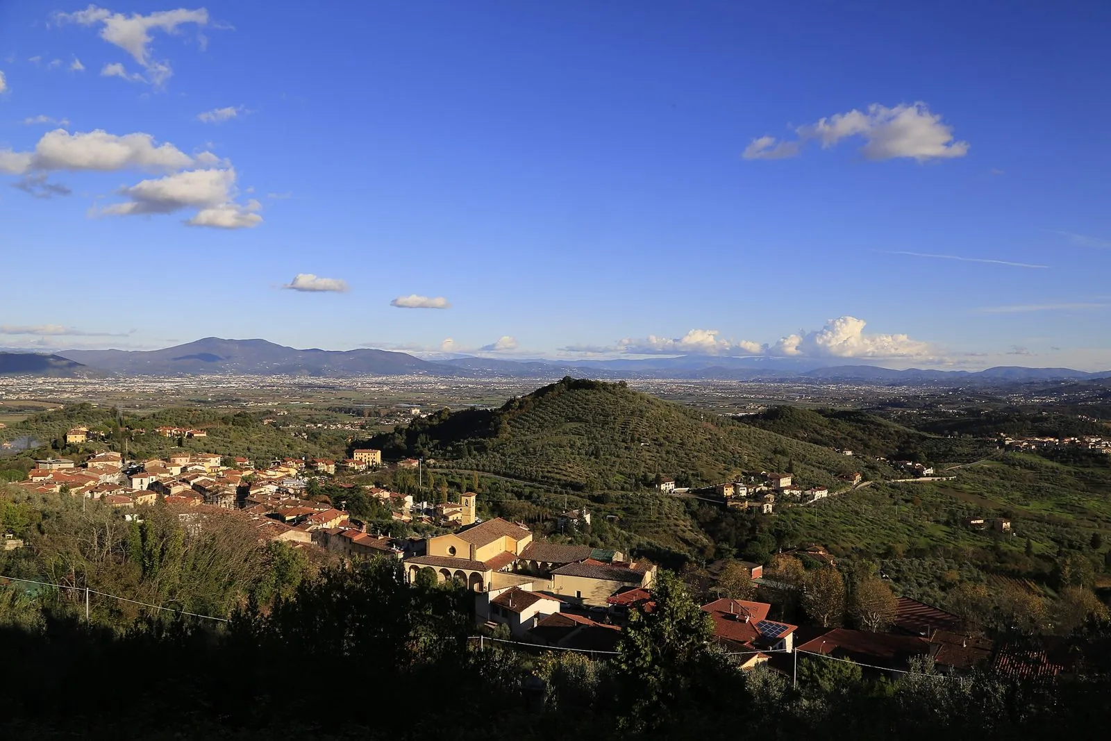 Carmignano e le colline del Montalbano coperte di oliveti nella luce d'autunno, con la piana di Firenze e Prato sullo sfondo